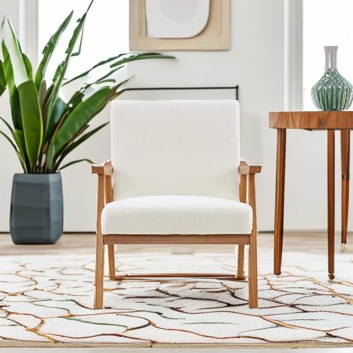 Karl home Mid-Century Accent Chair Modern Retro Leisure Chair with Solid Wood Frame Upholstered Teddy Fleece Fabric Single Sofa Armchair for Living Room, Bedroom, Balcont, Creamy-White