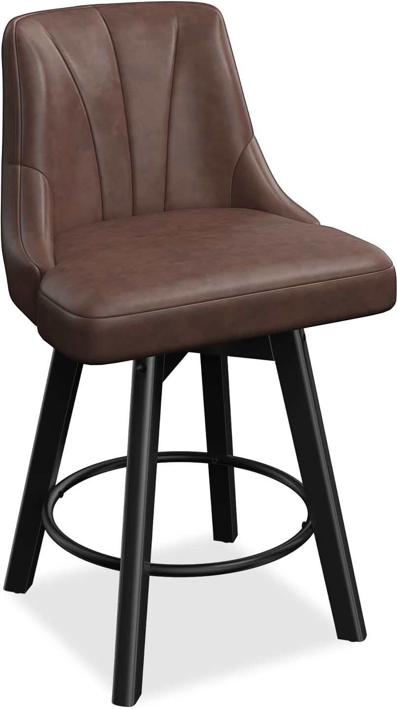 Counter Height Swivel Bar Stool, 24" Upholstered PU Leather Barstools Set of 3, Counter Stool Chair with Back & Solid Wood Legs for Kitchen Island Dining Room (Black)