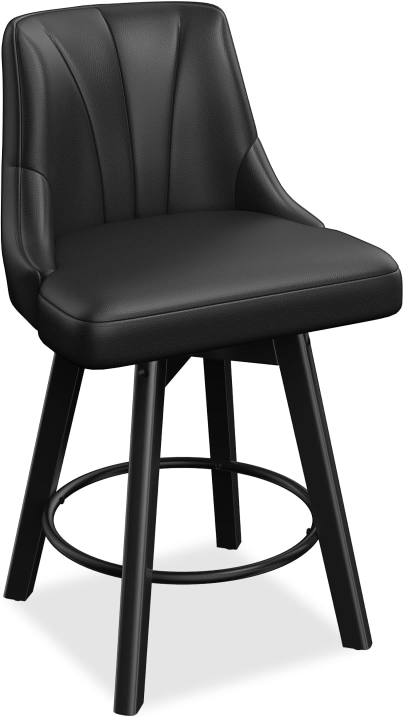 Counter Height Swivel Bar Stool, 24" Upholstered PU Leather Barstools Set of 3, Counter Stool Chair with Back & Solid Wood Legs for Kitchen Island Dining Room (Black)