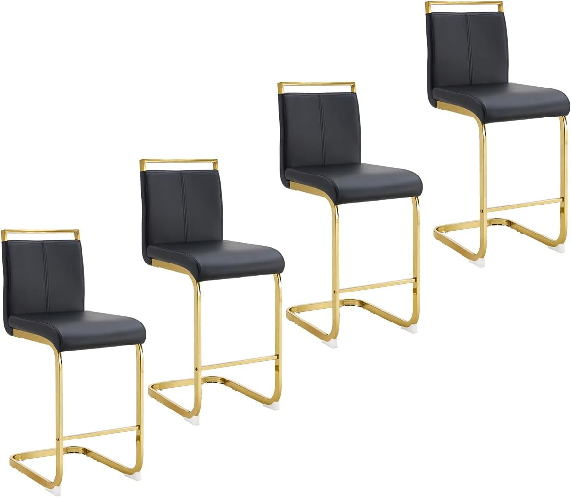 Counter Height Bar Stools Set of 4,25" PU Leather Bar Stools with Back,Counter High Chairs with Black Painted Metal Legs,White Bar Stool of 4 for Kitchen Island,Bar Counter (White,25" H)