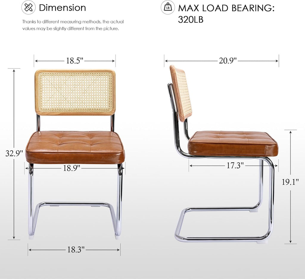 Zesthouse Natural Rattan Dining Chairs Set of 2, Modern Dining Room Chairs with Solid Wood Back for Kitchen Living Room, Mid Century Breuer Design Inspired, Upholstered Faux Leather Brown