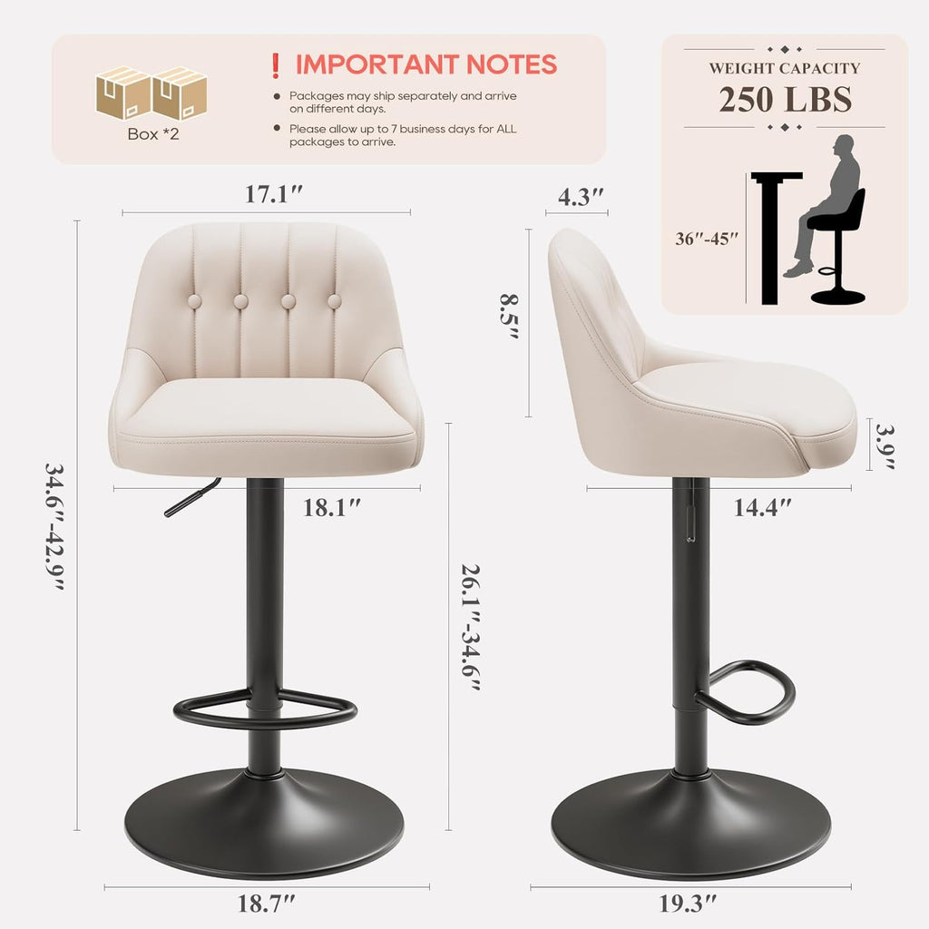 Bar Stools Set of 4, Swivel Bar Chairs, Modern Adjustable PU Leather Upholstered Barstools Counter Height with Tufted Back for Bar, Kitchen Counter Island, Dining Room, Beige