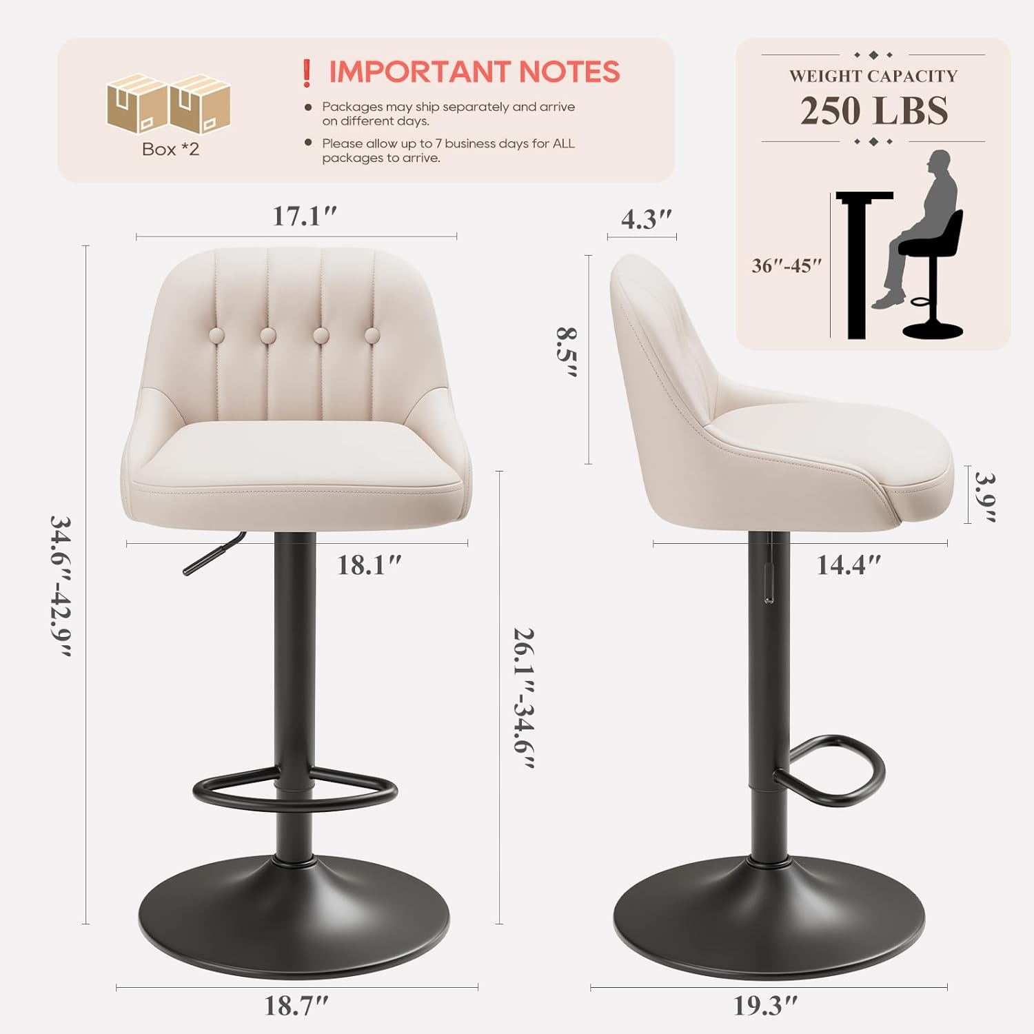 Bar Stools Set of 4, Swivel Bar Chairs, Modern Adjustable PU Leather Upholstered Barstools Counter Height with Tufted Back for Bar, Kitchen Counter Island, Dining Room, Beige