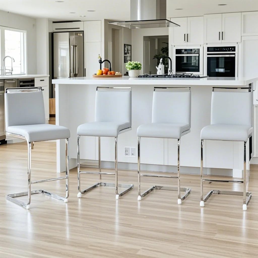 Counter Height Bar Stools Set of 4,25" PU Leather Bar Stools with Back,Counter High Chairs with Black Painted Metal Legs,White Bar Stool of 4 for Kitchen Island,Bar Counter (White,25" H)