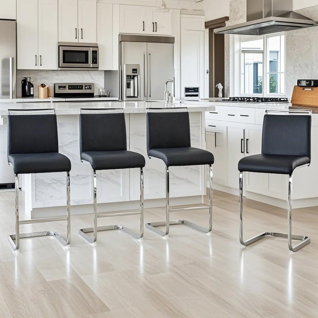 Counter Height Bar Stools Set of 4,25" PU Leather Bar Stools with Back,Counter High Chairs with Black Painted Metal Legs,White Bar Stool of 4 for Kitchen Island,Bar Counter (White,25" H)