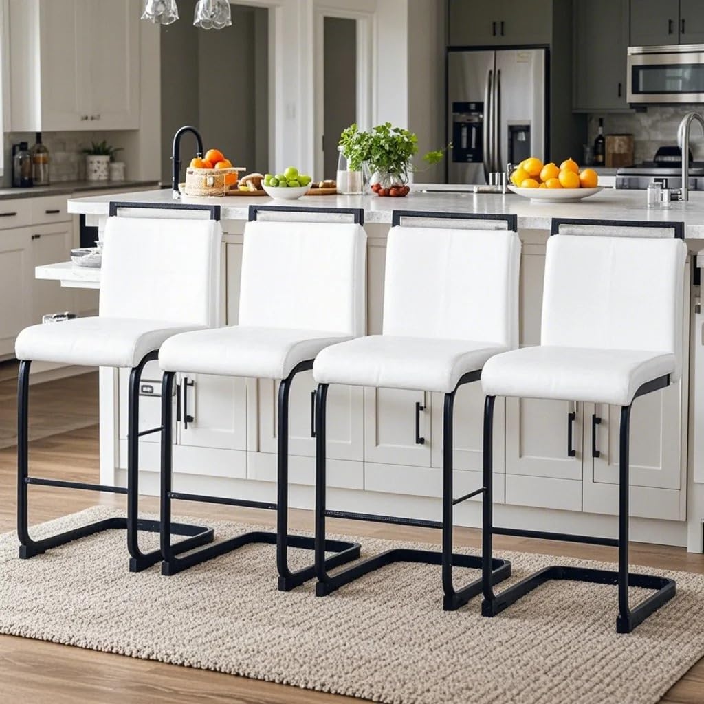 Counter Height Bar Stools Set of 4,25" PU Leather Bar Stools with Back,Counter High Chairs with Black Painted Metal Legs,White Bar Stool of 4 for Kitchen Island,Bar Counter (White,25" H)
