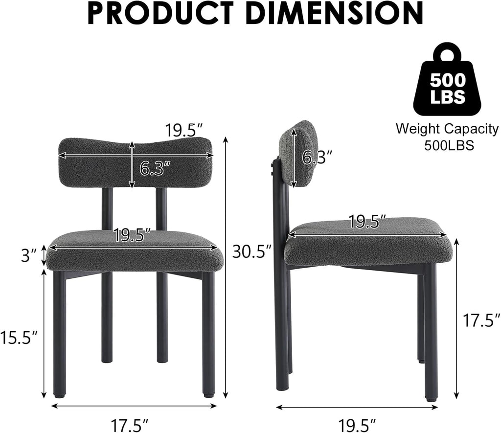 Boucle Dining Chairs Set of 4, Upholstered Kitchen Dinning Room Chair with Curved Backrest and Metal Frame, Mid Century Modern Kitchen Chair for Dining Room, Restaurant, Grey