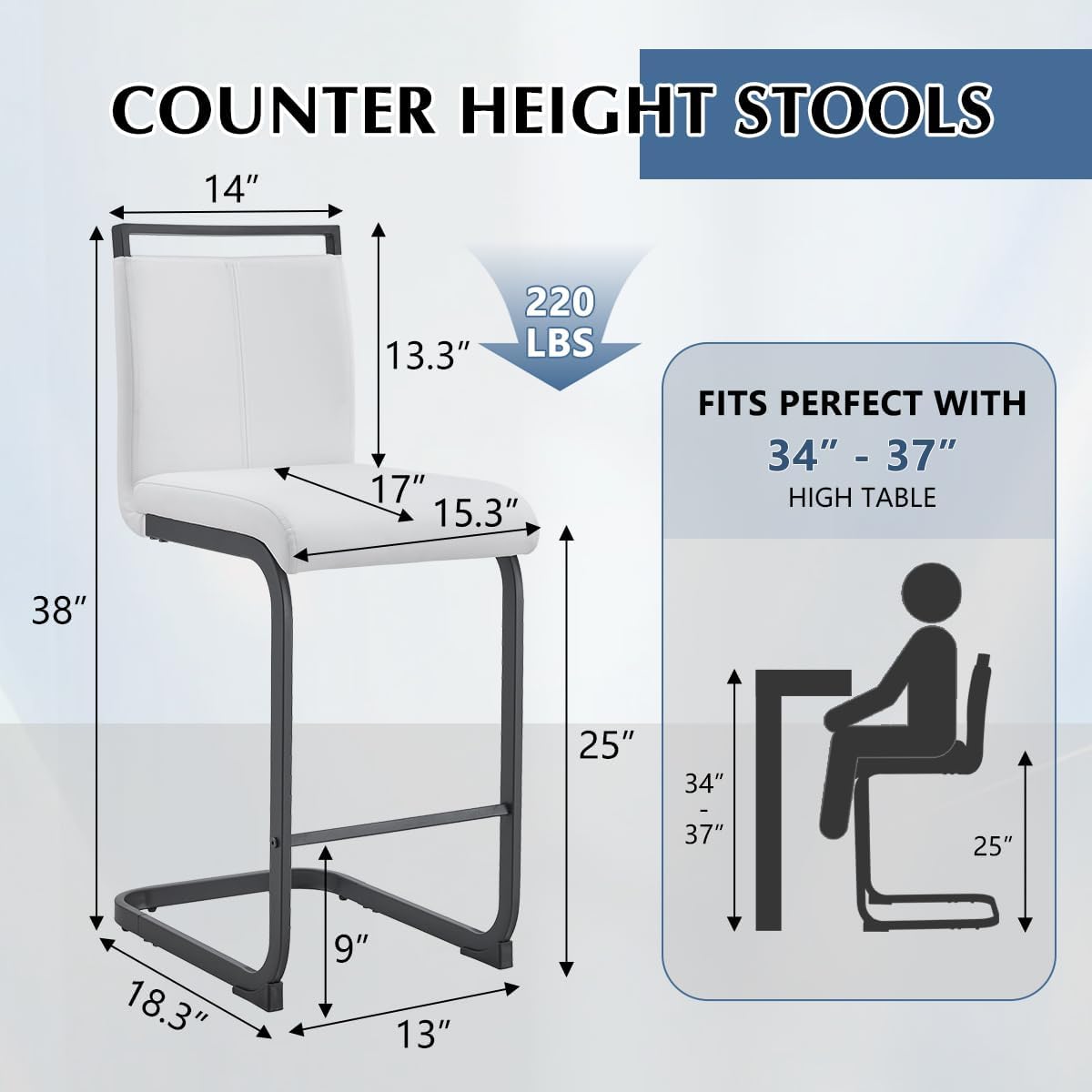 Counter Height Bar Stools Set of 4,25" PU Leather Bar Stools with Back,Counter High Chairs with Black Painted Metal Legs,White Bar Stool of 4 for Kitchen Island,Bar Counter (White,25" H)