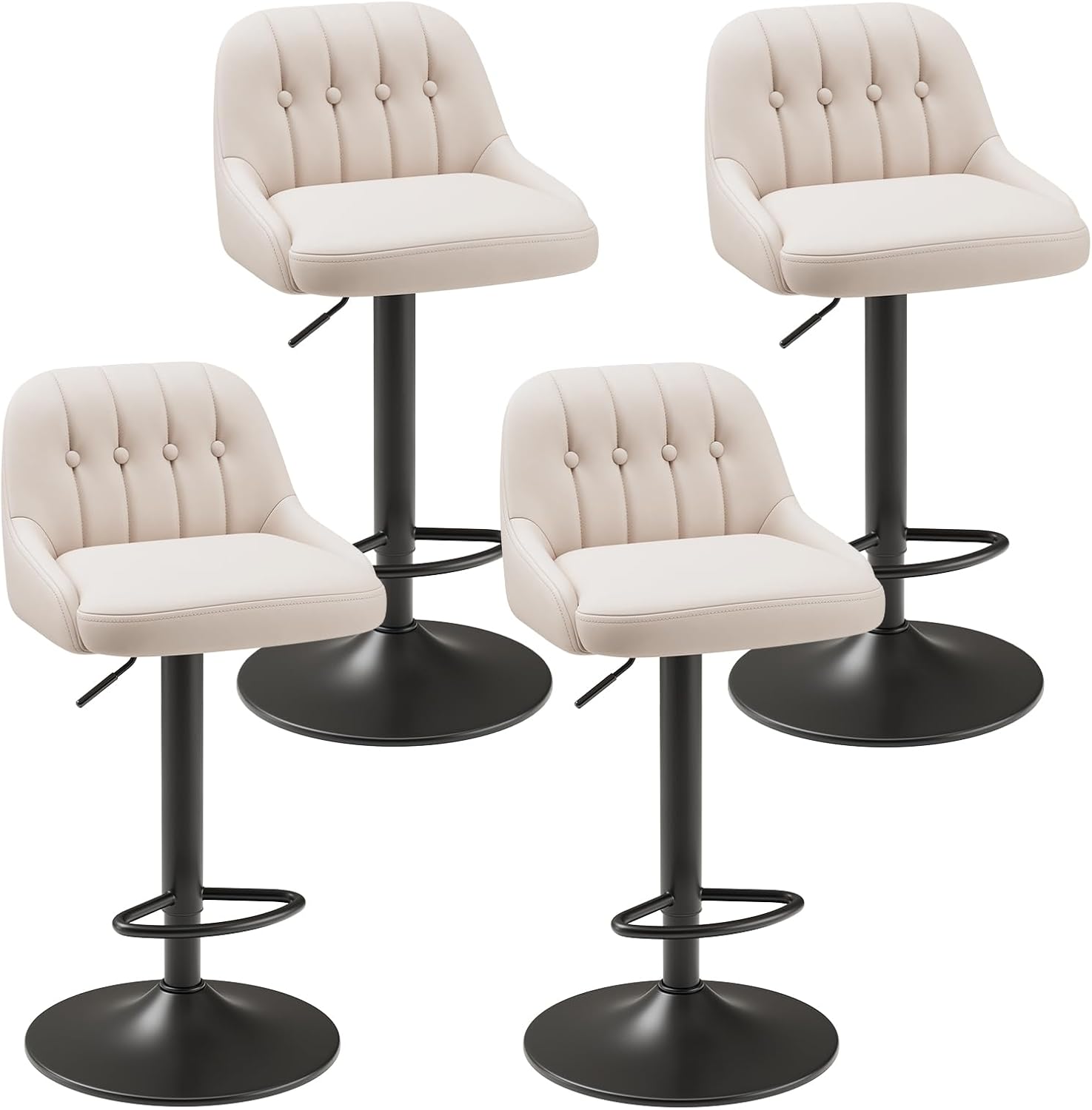 Bar Stools Set of 4, Swivel Bar Chairs, Modern Adjustable PU Leather Upholstered Barstools Counter Height with Tufted Back for Bar, Kitchen Counter Island, Dining Room, Beige
