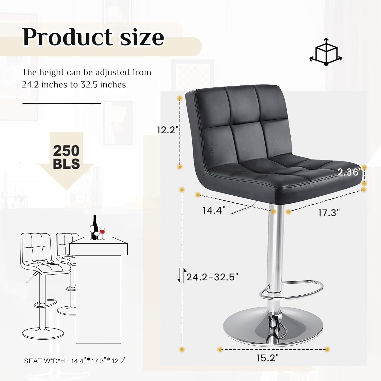 DUMOS Bar Stools Set of 4, 24 inch Counter Height Bar Stools, Upholstered Modern Kitchen Barstools with Metal Base, PU Leather Saddle Stools for Kitchen Island, Black