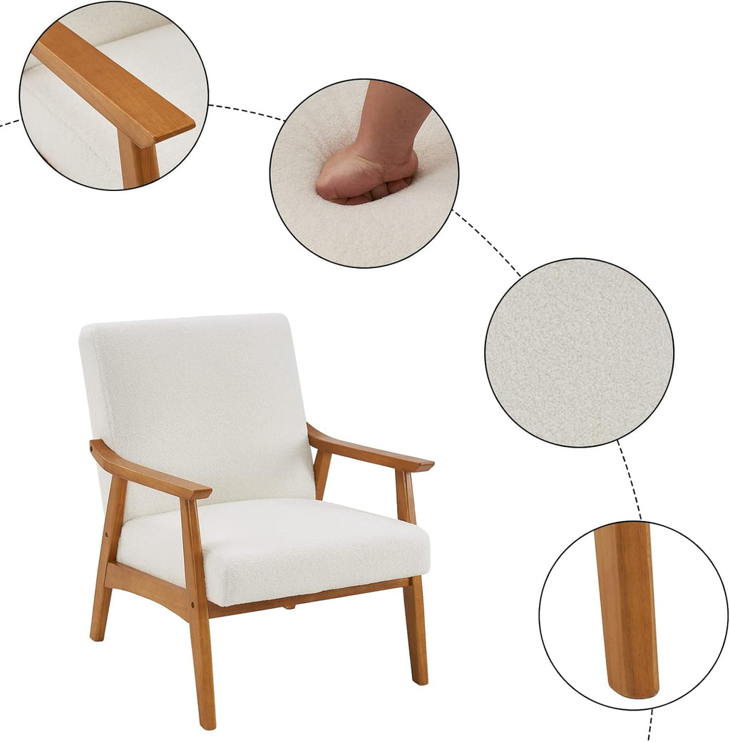 Karl home Mid-Century Accent Chair Modern Retro Leisure Chair with Solid Wood Frame Upholstered Teddy Fleece Fabric Single Sofa Armchair for Living Room, Bedroom, Balcont, Creamy-White