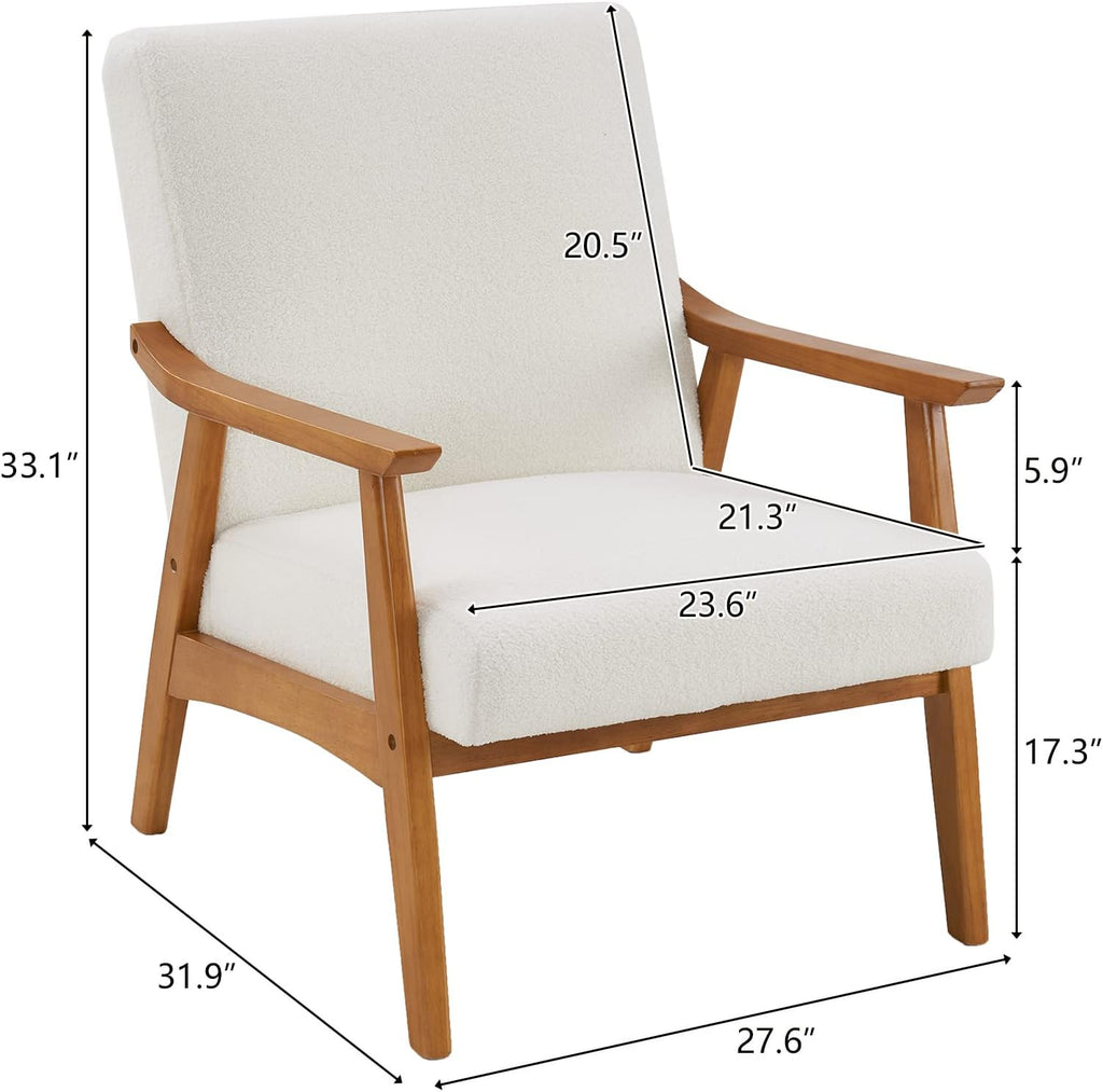 Karl home Mid-Century Accent Chair Modern Retro Leisure Chair with Solid Wood Frame Upholstered Teddy Fleece Fabric Single Sofa Armchair for Living Room, Bedroom, Balcont, Creamy-White