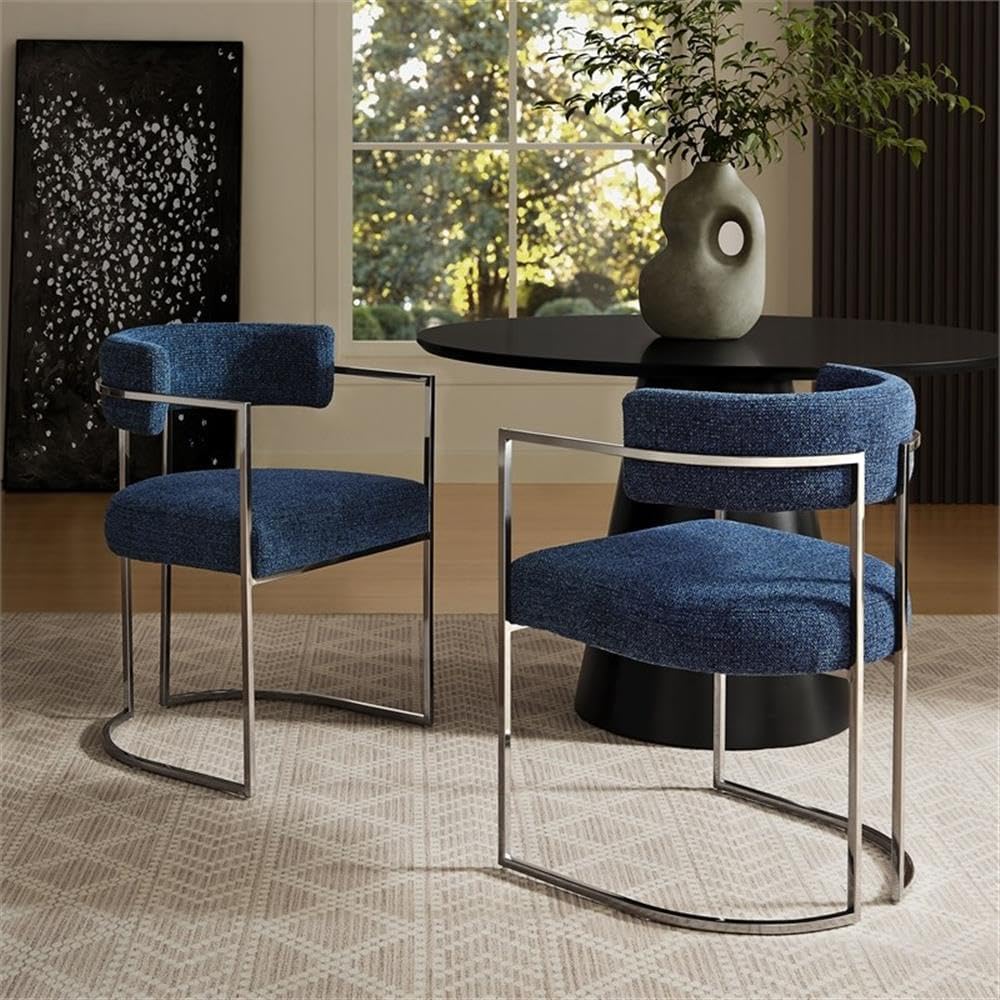 MAKLAINE Stainless Steel Chrome Metal Frame Dining Accent Chair in Silver Navy