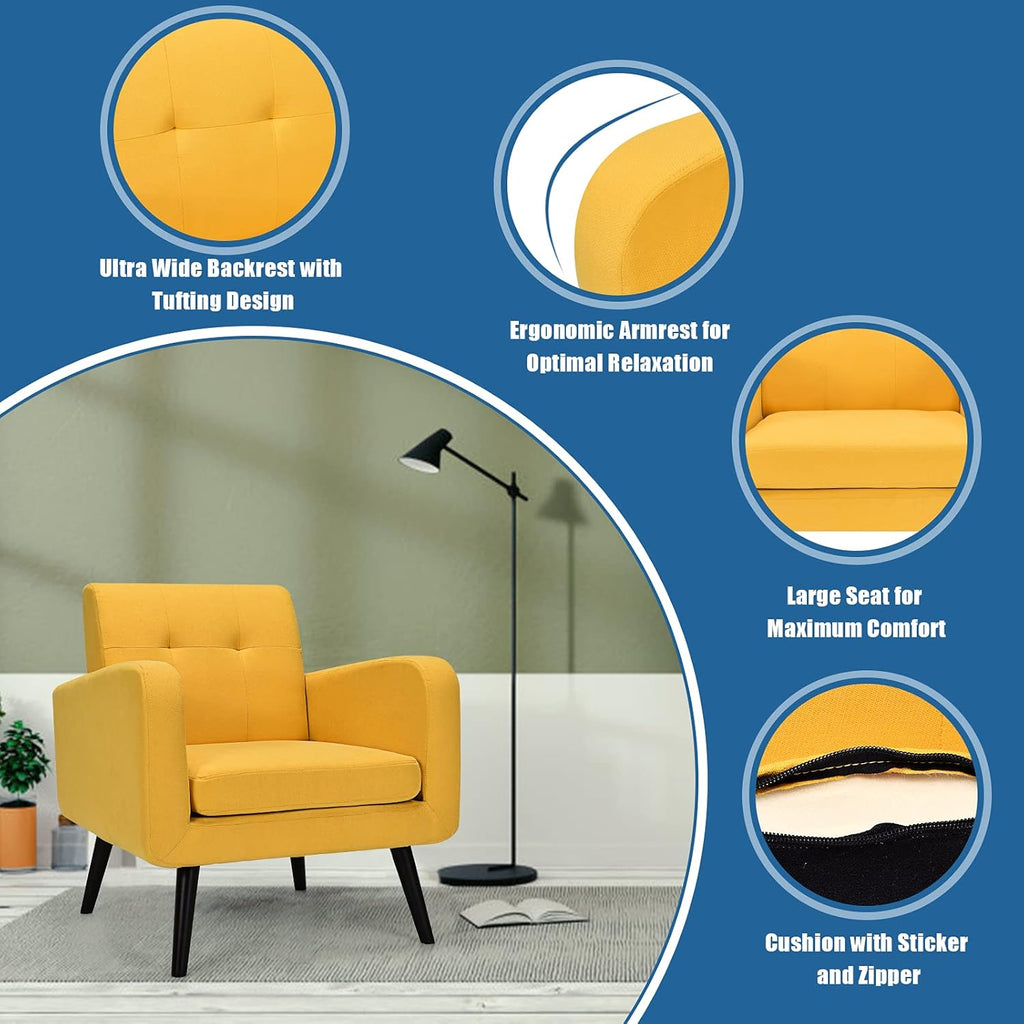 Giantex Upholstered Accent Chair, Modern Mid Century Linen Fabric Living Room Chair with Arms, Max Load 265 Lbs, Comfy Tufted Single Sofa for Reading, Bedroom, Office, Club, Yellow