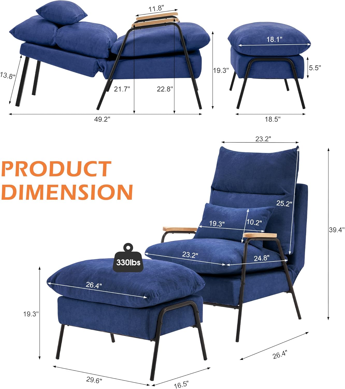 MCombo Accent Recliner Chair with Ottoman, Modern Fabric Armchair, Upholstered Sofa Bed for Living Room Bedroom, Small Space 4055 (Black Frame, Blue)