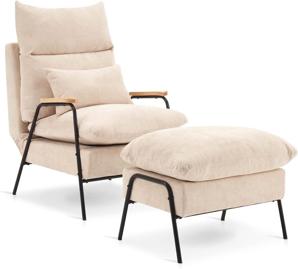 MCombo Accent Recliner Chair with Ottoman, Modern Fabric Armchair, Upholstered Sofa Bed for Living Room Bedroom, Small Space 4055 (Black Frame, Blue)