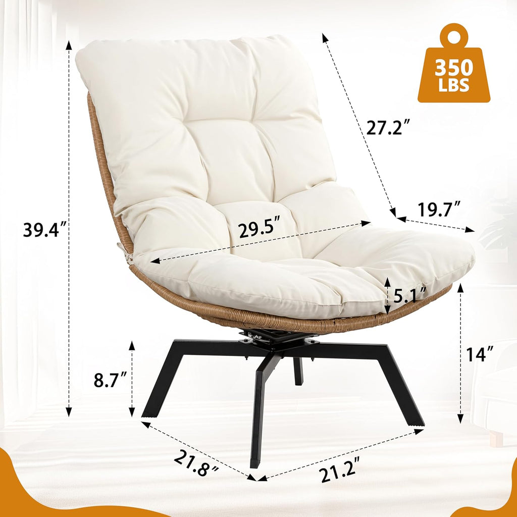 Shintenchi Outdoor Rattan Swivel Chair,Nature Wicker Patio Rotating Chair with Beige Thickened Cushion and Side Pocket,360° Rotation Patio Lounge Chairs for Living Room Bedroom Backyard Balcony