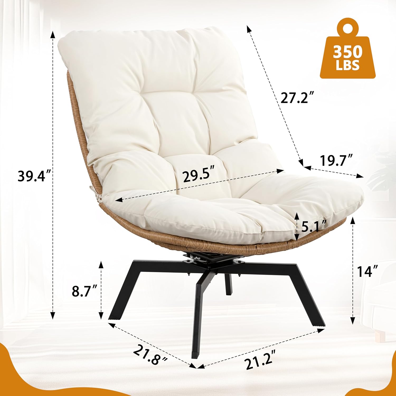 Shintenchi Outdoor Rattan Swivel Chair,Nature Wicker Patio Rotating Chair with Beige Thickened Cushion and Side Pocket,360° Rotation Patio Lounge Chairs for Living Room Bedroom Backyard Balcony