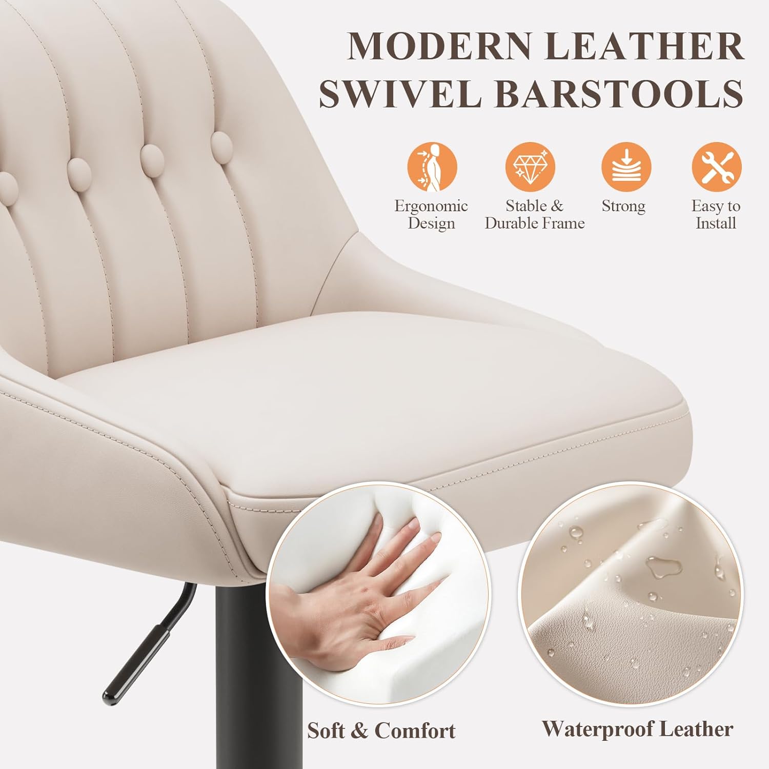 Bar Stools Set of 4, Swivel Bar Chairs, Modern Adjustable PU Leather Upholstered Barstools Counter Height with Tufted Back for Bar, Kitchen Counter Island, Dining Room, Beige