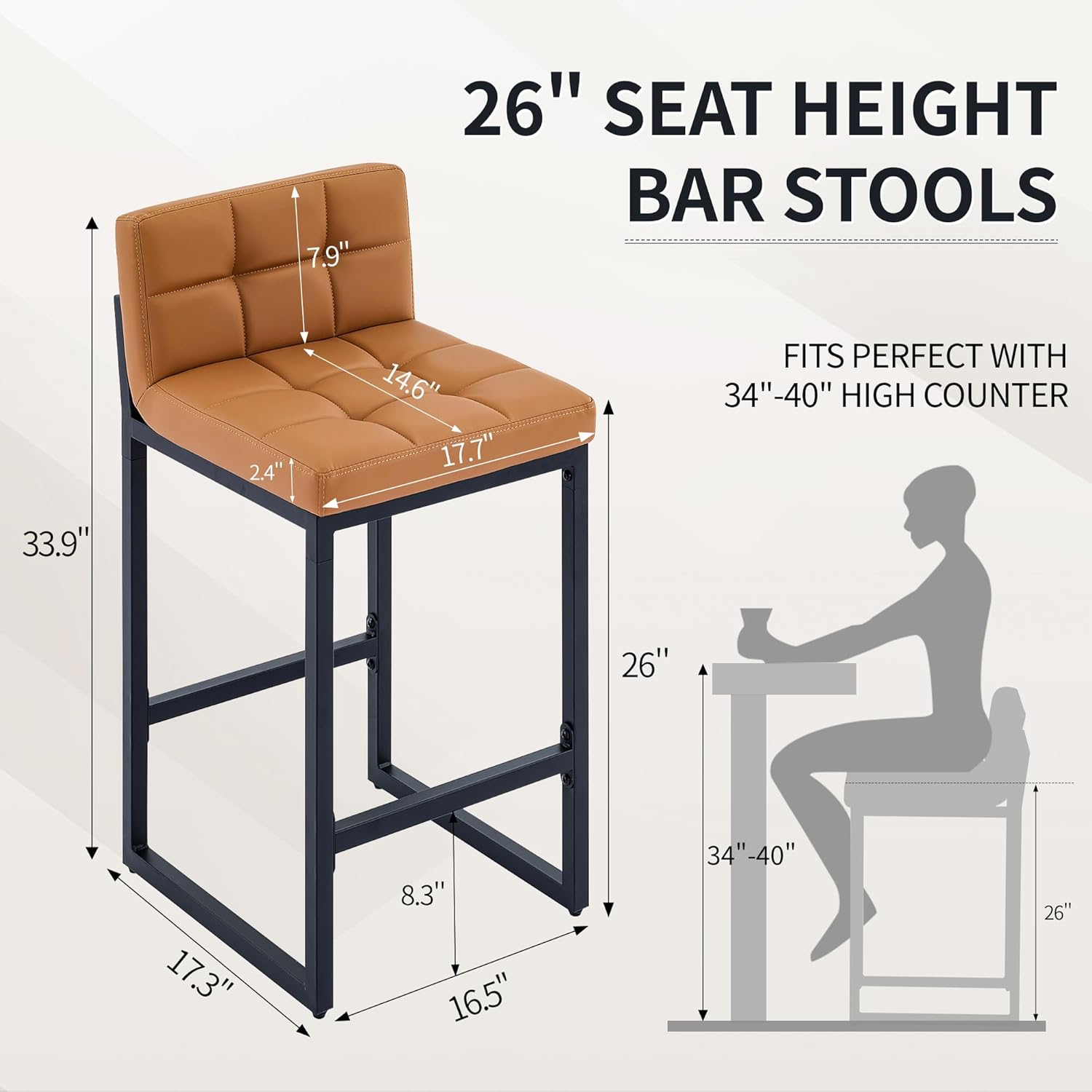 Bar Stools Set of 3, Upholstered PU Leather Counter Height Barstools with Low Back and Thickened Metal Legs, Modern Island Chairs for Kitchen Island (Caramel Brown, 3Pcs 26" Bar Stools)
