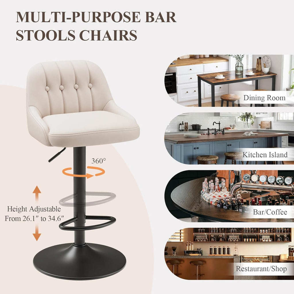 Bar Stools Set of 4, Swivel Bar Chairs, Modern Adjustable PU Leather Upholstered Barstools Counter Height with Tufted Back for Bar, Kitchen Counter Island, Dining Room, Beige