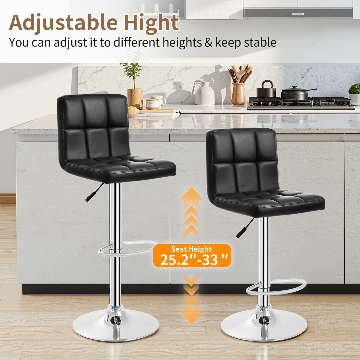 BestOffice Bar Stools Set of 2, Adjustable PU Leather Swivel Barstools, Modern Counter Stools with Back and Footrest, Counter Height Barstools for Bar, Kitchen and Dining Room