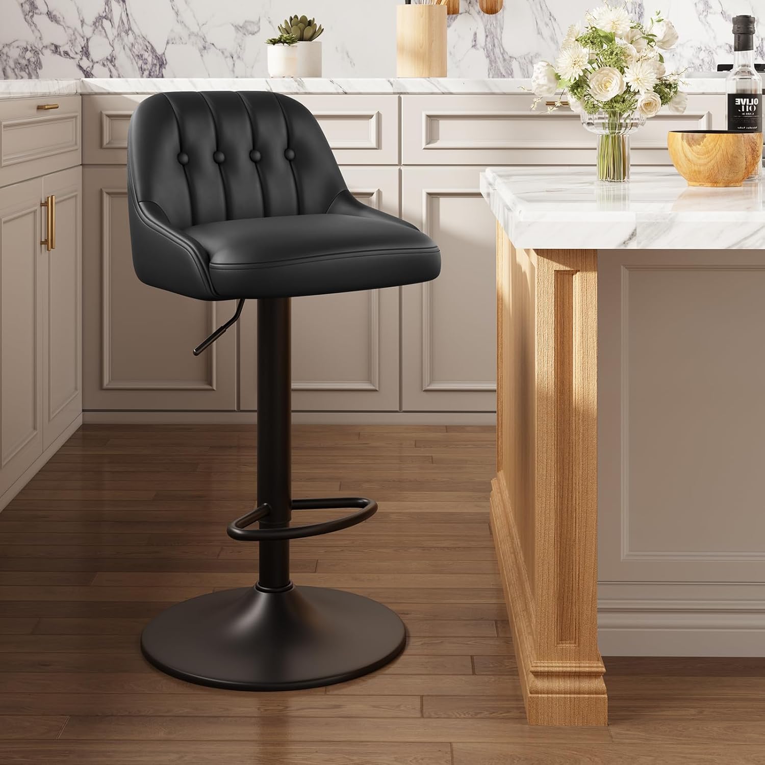 Bar Stools Set of 4, Swivel Bar Chairs, Modern Adjustable PU Leather Upholstered Barstools Counter Height with Tufted Back for Bar, Kitchen Counter Island, Dining Room, Beige