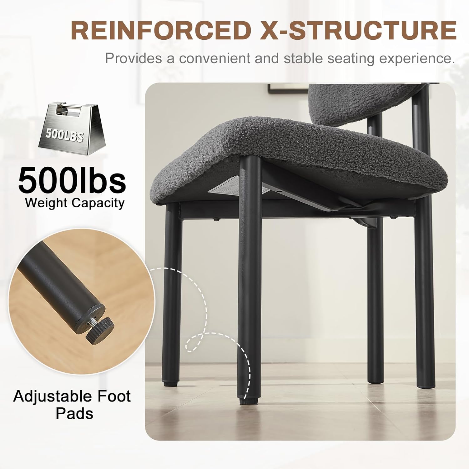 Boucle Dining Chairs Set of 4, Upholstered Kitchen Dinning Room Chair with Curved Backrest and Metal Frame, Mid Century Modern Kitchen Chair for Dining Room, Restaurant, Grey