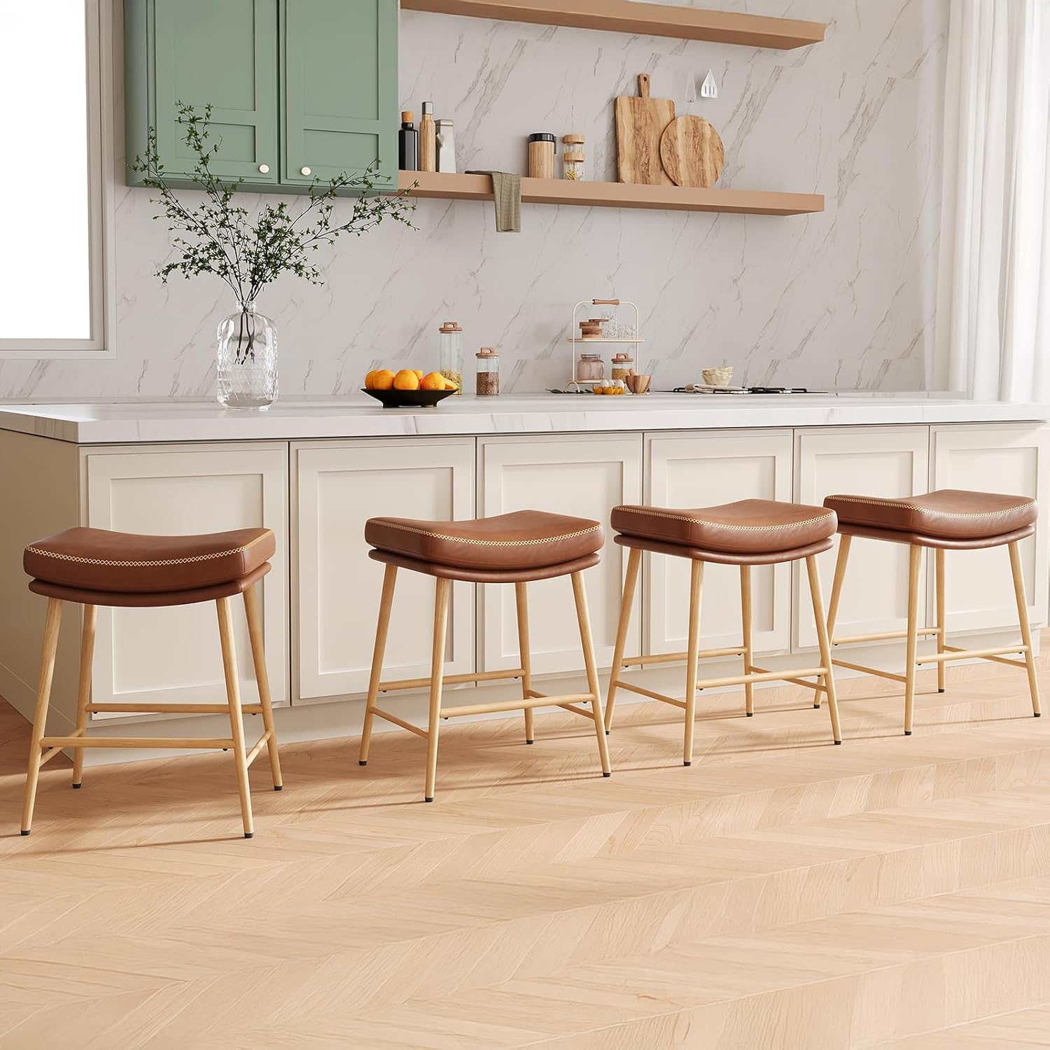 Bar Stools Set of 4, Swivel Bar Chairs, Modern Adjustable PU Leather Upholstered Barstools Counter Height with Tufted Back for Bar, Kitchen Counter Island, Dining Room, Beige