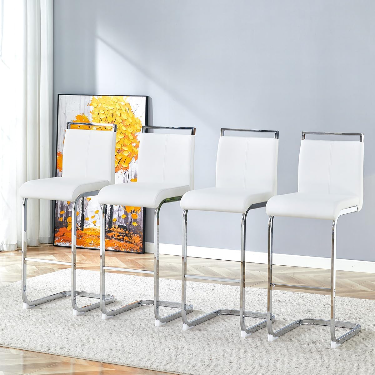 Counter Height Bar Stools Set of 4,25" PU Leather Bar Stools with Back,Counter High Chairs with Black Painted Metal Legs,White Bar Stool of 4 for Kitchen Island,Bar Counter (White,25" H)