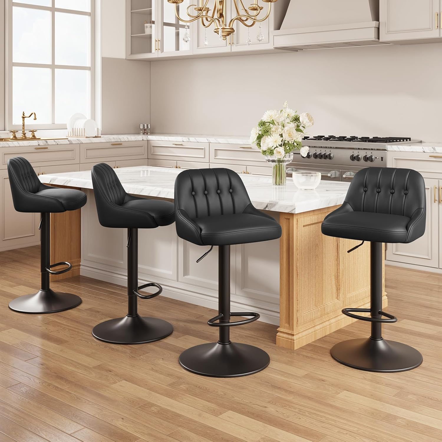 Bar Stools Set of 4, Swivel Bar Chairs, Modern Adjustable PU Leather Upholstered Barstools Counter Height with Tufted Back for Bar, Kitchen Counter Island, Dining Room, Beige