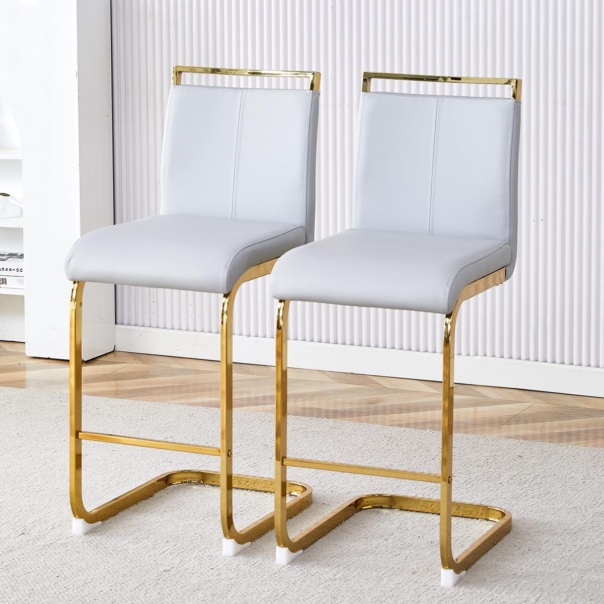 Counter Height Bar Stools Set of 4,25" PU Leather Bar Stools with Back,Counter High Chairs with Black Painted Metal Legs,White Bar Stool of 4 for Kitchen Island,Bar Counter (White,25" H)