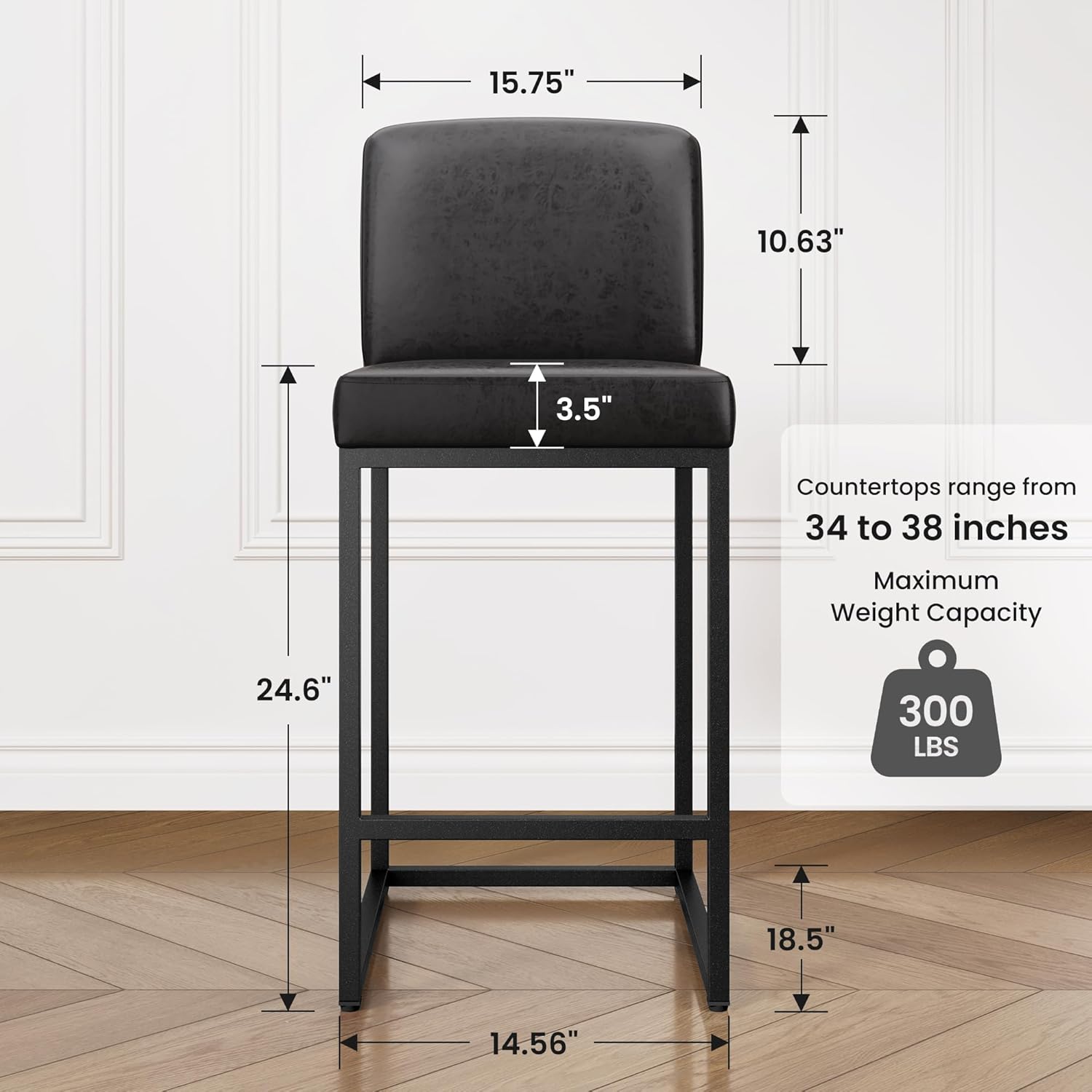 PHI VILLA Black Bar Stools Set of 4, Counter Height 24'' Barstool Pu Leather Bar Stools with Back, Kitchen Bar Chairs