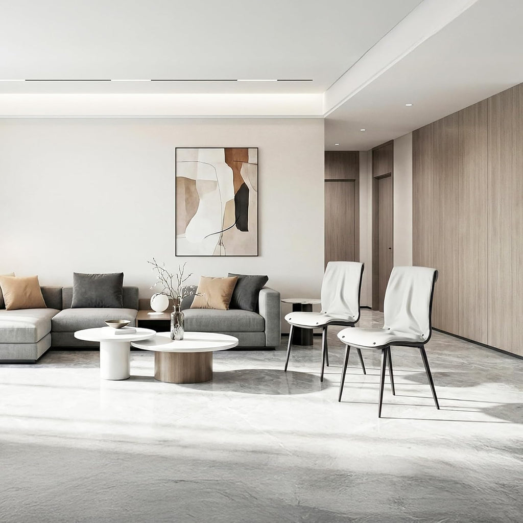 Set of 2 White PU Leather Dining Room Chairs, Curved Back Design with Strong Metal Frame, Easy Assembly and Cleaning, Ideal for Kitchen and Restaurant