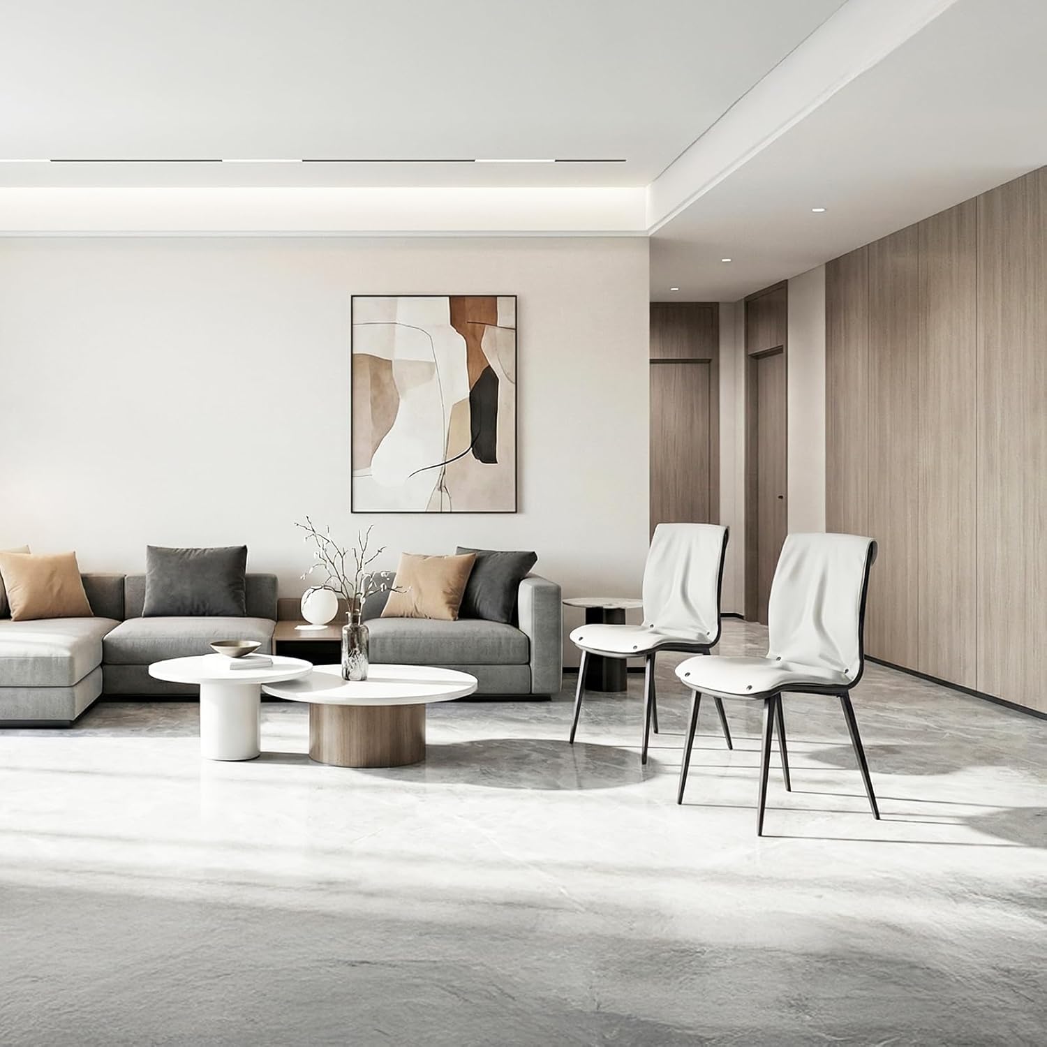 Set of 2 White PU Leather Dining Room Chairs, Curved Back Design with Strong Metal Frame, Easy Assembly and Cleaning, Ideal for Kitchen and Restaurant