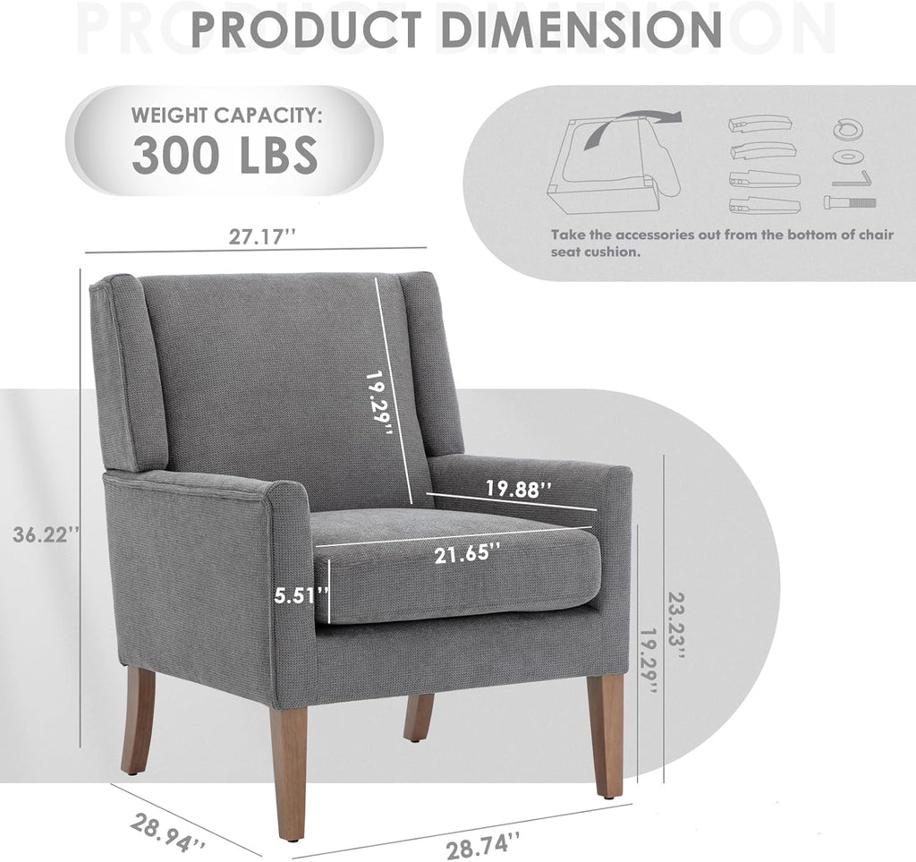 COLAMY Modern Wingback Living Room Chair, Upholstered Fabric Accent Armchair, Single Sofa Chair with Lounge Seat and Wood Legs for Bedroom/Office/Reading Spaces, Gery