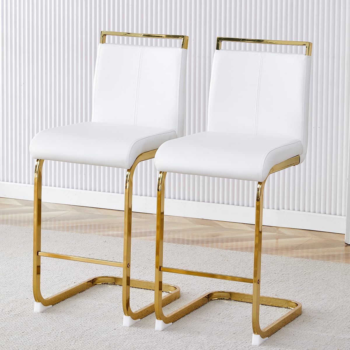 Counter Height Bar Stools Set of 4,25" PU Leather Bar Stools with Back,Counter High Chairs with Black Painted Metal Legs,White Bar Stool of 4 for Kitchen Island,Bar Counter (White,25" H)