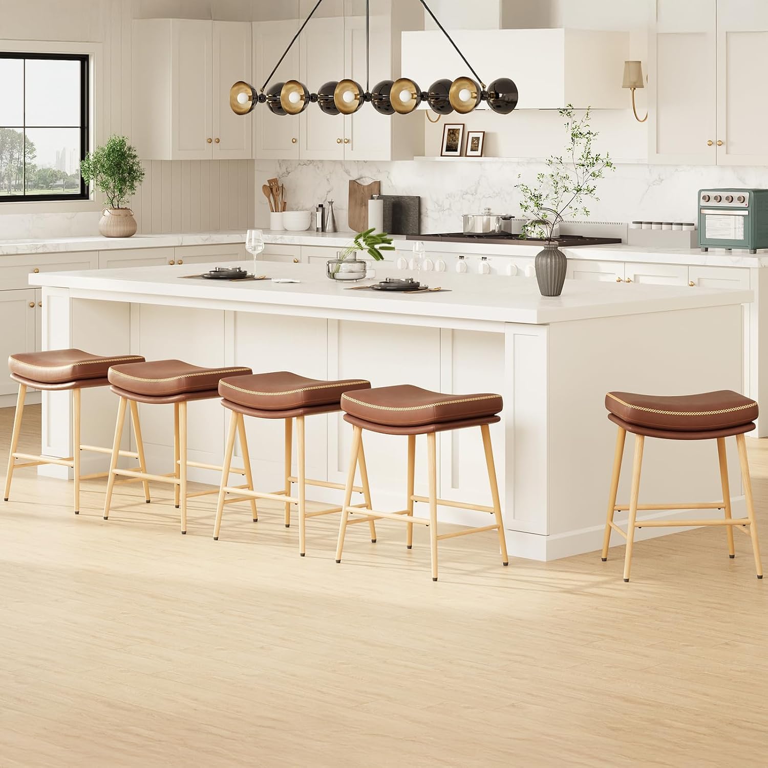 Bar Stools Set of 4, Swivel Bar Chairs, Modern Adjustable PU Leather Upholstered Barstools Counter Height with Tufted Back for Bar, Kitchen Counter Island, Dining Room, Beige