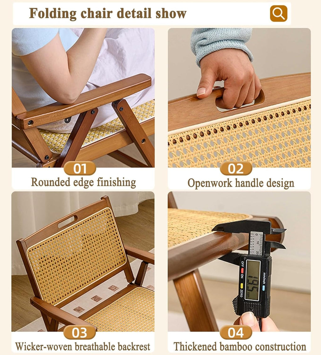 Wooden Rattan Folding Chair, Outdoor Portable Leisure Chairs with Low Seat, Backrest and Seat Cushion, Ideal for Balcony, Reading Room, Patio, Lawn