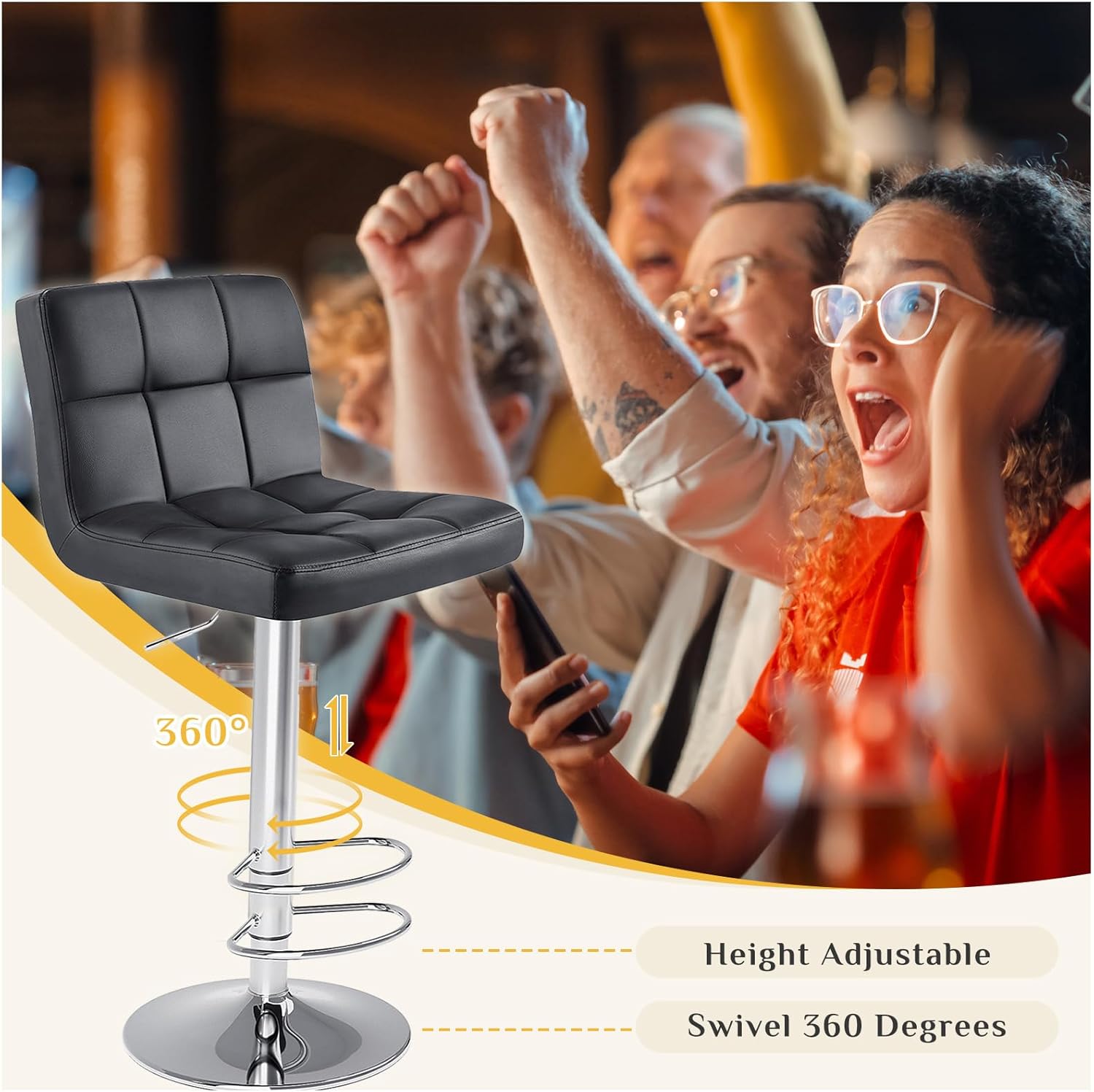 DUMOS Bar Stools Set of 4, 24 inch Counter Height Bar Stools, Upholstered Modern Kitchen Barstools with Metal Base, PU Leather Saddle Stools for Kitchen Island, Black