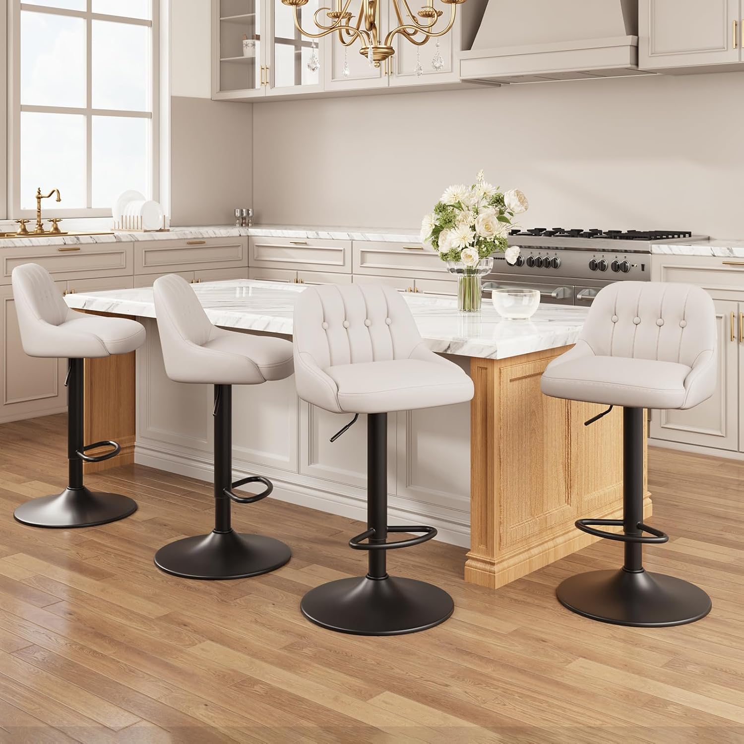 Bar Stools Set of 4, Swivel Bar Chairs, Modern Adjustable PU Leather Upholstered Barstools Counter Height with Tufted Back for Bar, Kitchen Counter Island, Dining Room, Beige