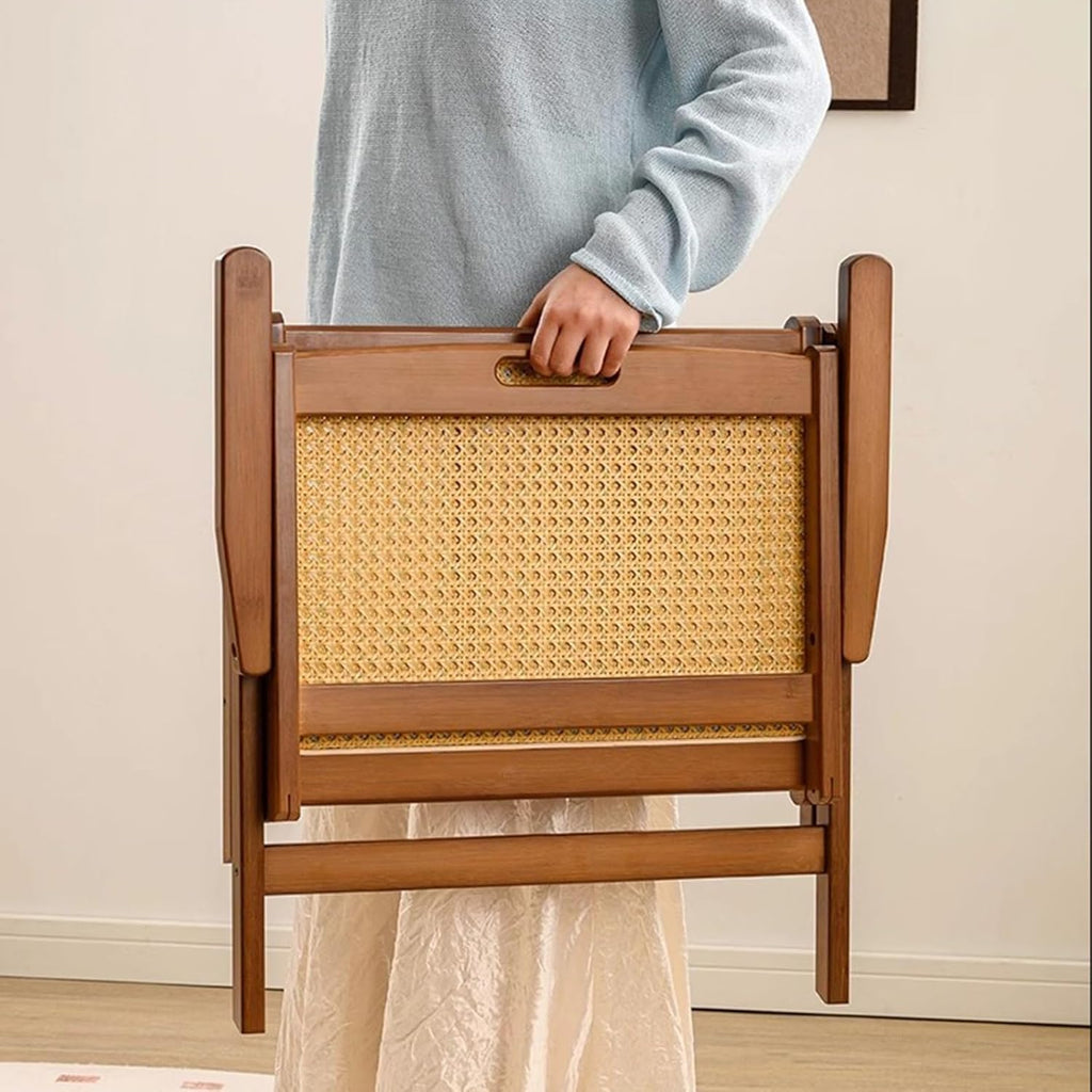 Wooden Rattan Folding Chair, Outdoor Portable Leisure Chairs with Low Seat, Backrest and Seat Cushion, Ideal for Balcony, Reading Room, Patio, Lawn