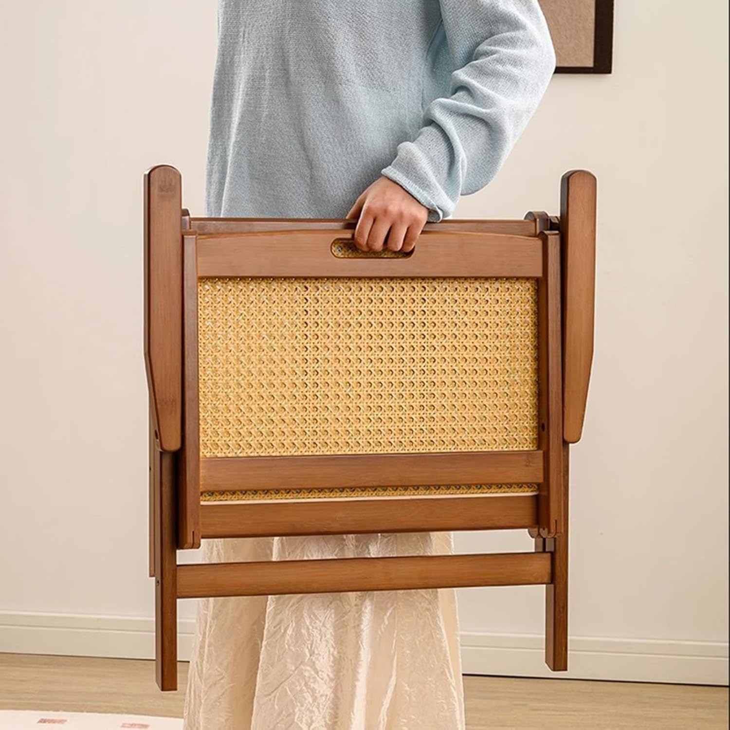 Wooden Rattan Folding Chair, Outdoor Portable Leisure Chairs with Low Seat, Backrest and Seat Cushion, Ideal for Balcony, Reading Room, Patio, Lawn