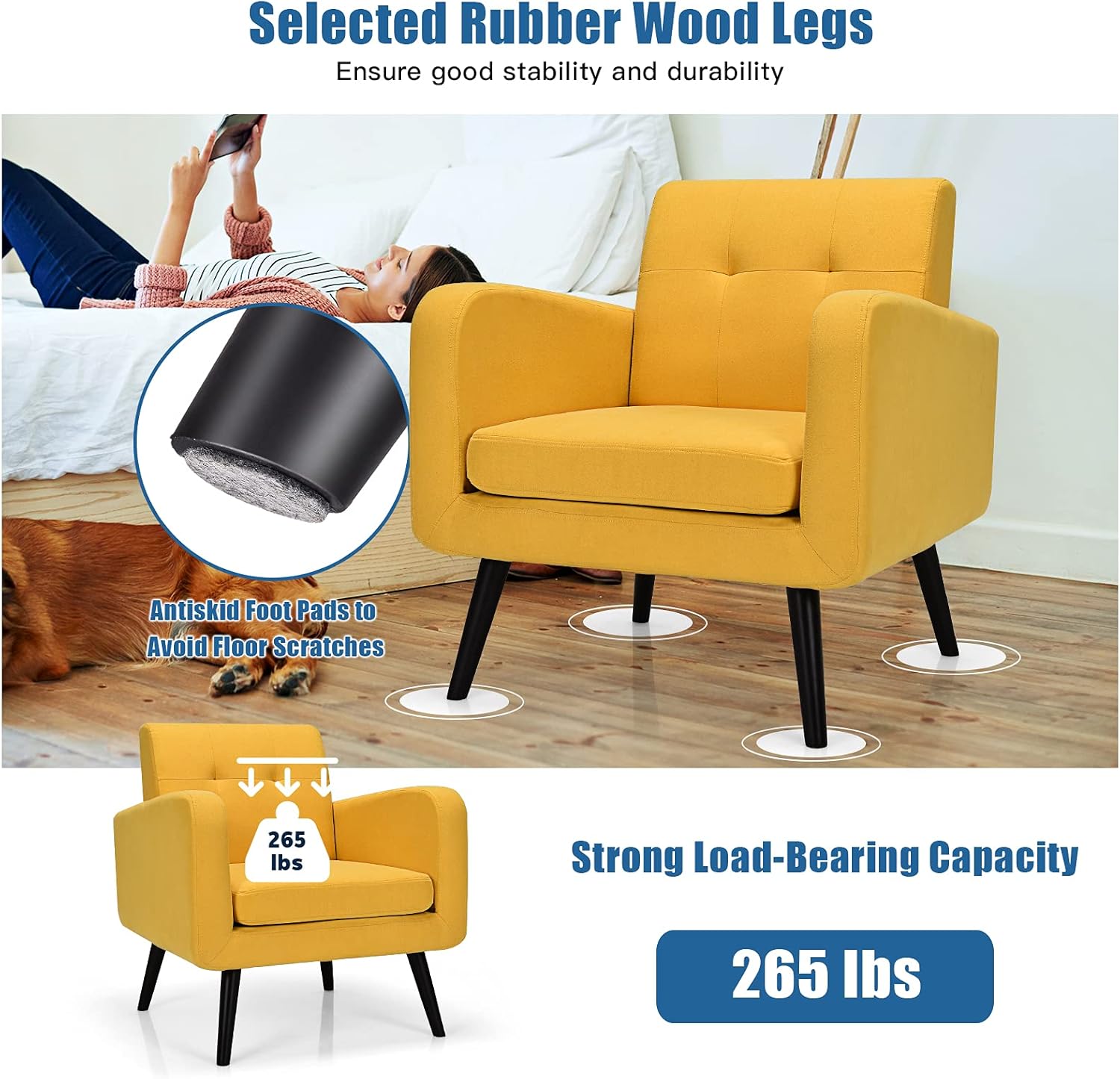 Giantex Upholstered Accent Chair, Modern Mid Century Linen Fabric Living Room Chair with Arms, Max Load 265 Lbs, Comfy Tufted Single Sofa for Reading, Bedroom, Office, Club, Yellow