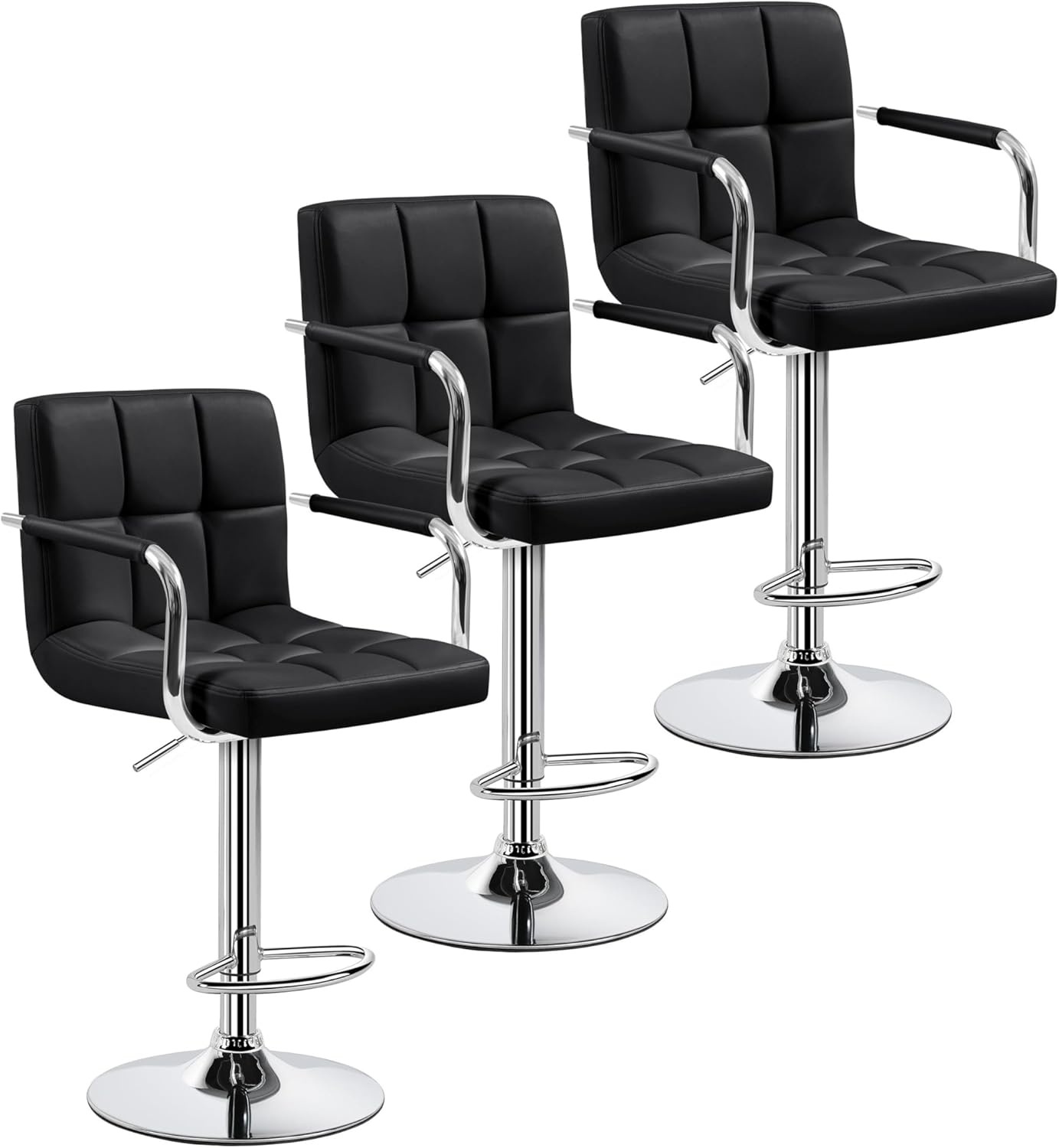 Yaheetech Bar Stools Set of 2, PU Leather Height Adjustable Swivel Barstools, Hydraulic Kitchen Counter Height Bar Chairs with Armrest and Back for Kitchen, Dining Room, Black