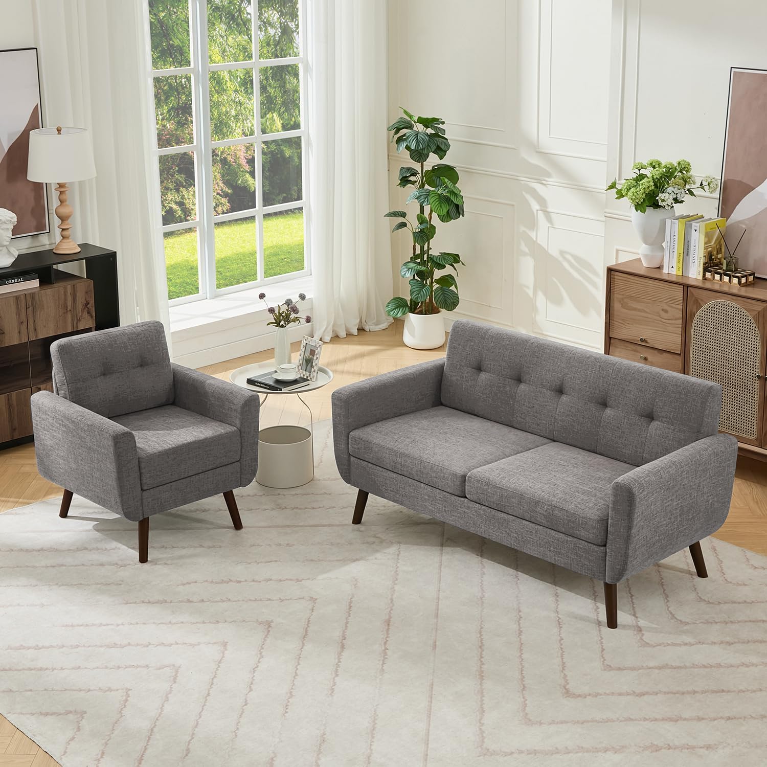 Tbfit Linen Fabric Single Sofa, Accent Chair, Mid Century Modern Armchair for Living Room, Bedroom Button Tufted Upholstered Comfy Reading Sofas, Beige | linen fabric, button tufted, solid wood foot, pocket spring, wood slats frame