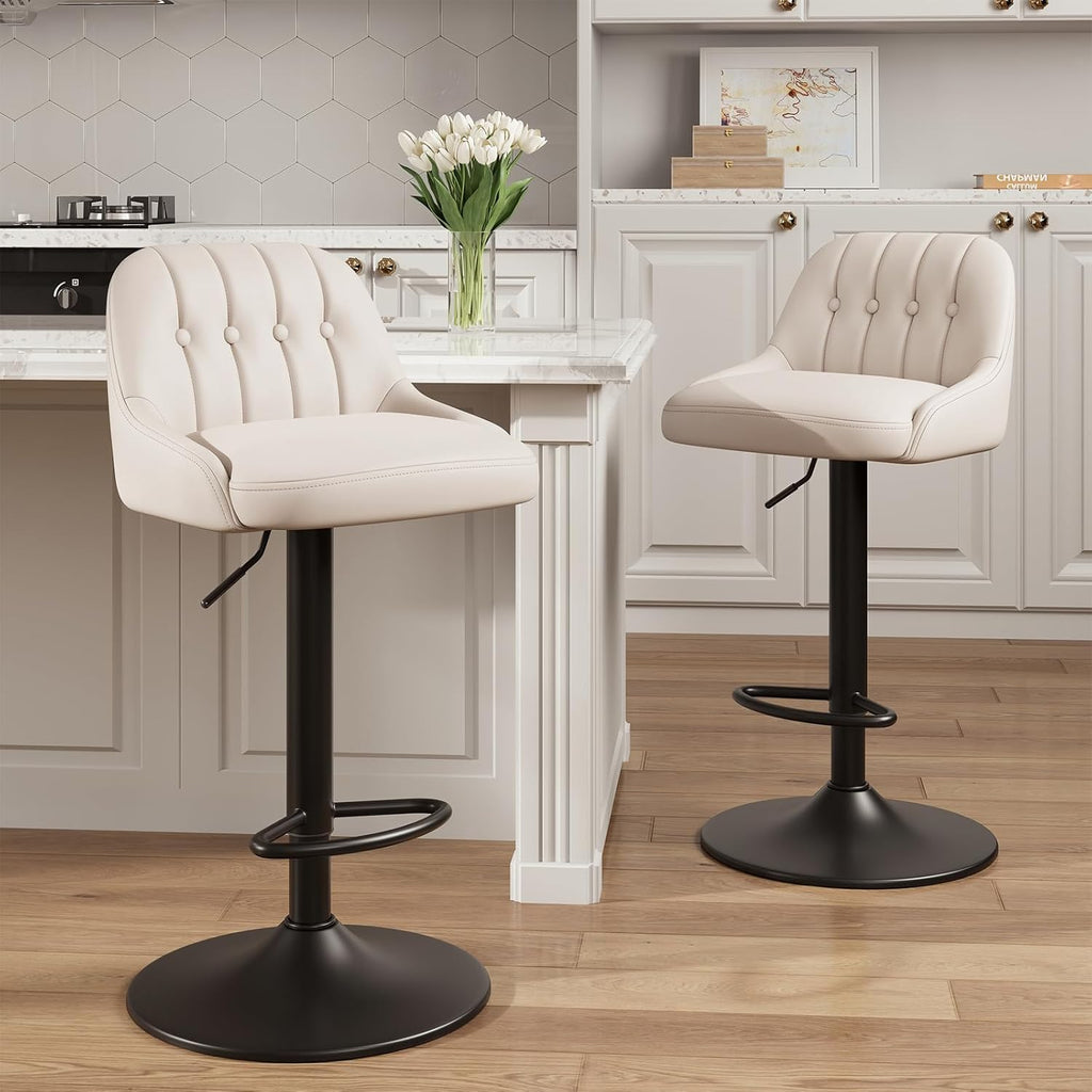 Bar Stools Set of 4, Swivel Bar Chairs, Modern Adjustable PU Leather Upholstered Barstools Counter Height with Tufted Back for Bar, Kitchen Counter Island, Dining Room, Beige