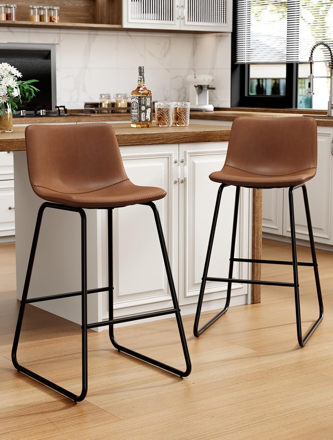 Bar Stools Set of 4, PU Leather Counter Height Bar Stools, 26" Modern Barstools with Metal Legs and Footrest, Urban Armless Dining Chairs with Backrest for Kitchen Island (Brown)