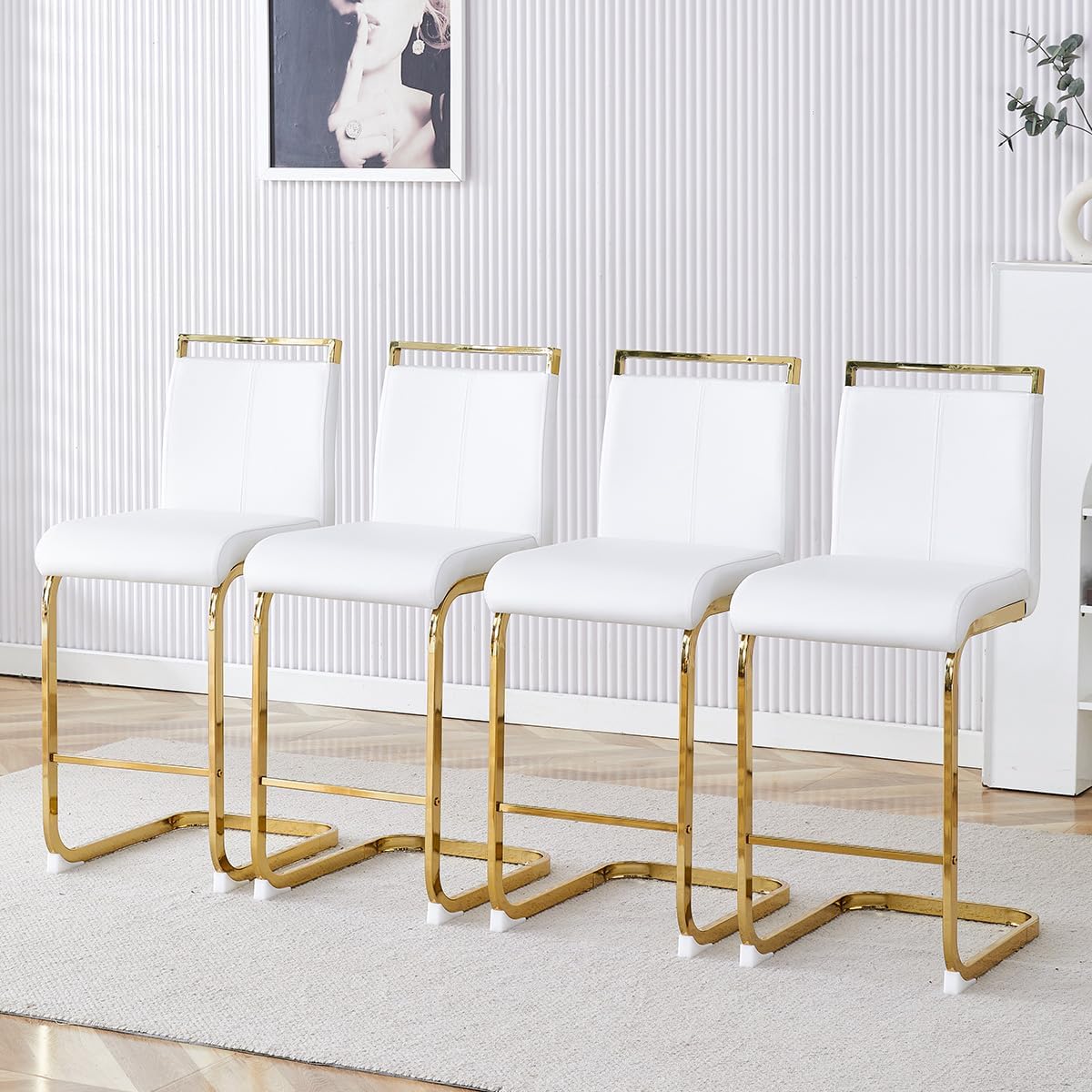 Counter Height Bar Stools Set of 4,25" PU Leather Bar Stools with Back,Counter High Chairs with Black Painted Metal Legs,White Bar Stool of 4 for Kitchen Island,Bar Counter (White,25" H)