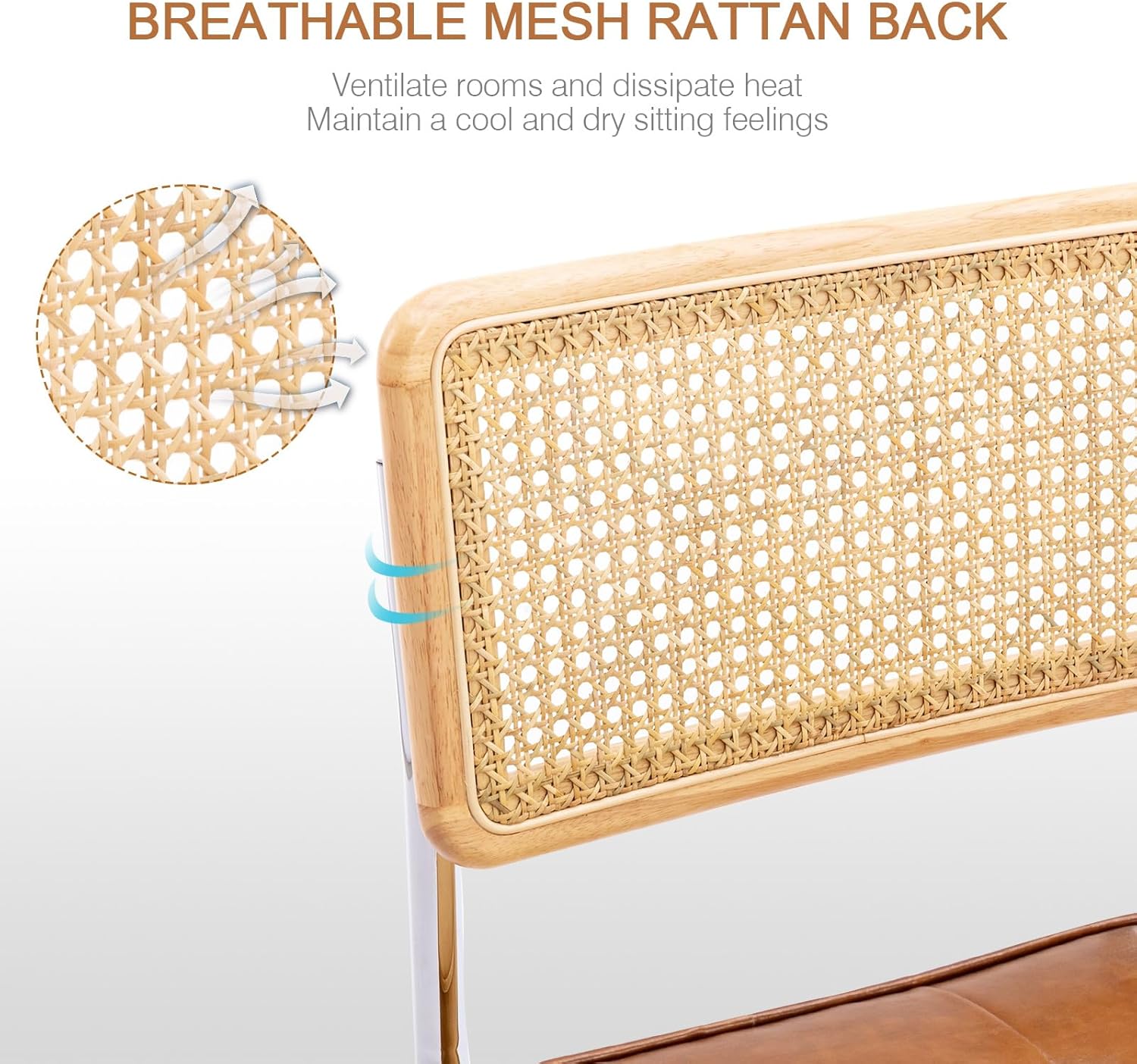 Zesthouse Natural Rattan Dining Chairs Set of 2, Modern Dining Room Chairs with Solid Wood Back for Kitchen Living Room, Mid Century Breuer Design Inspired, Upholstered Faux Leather Brown